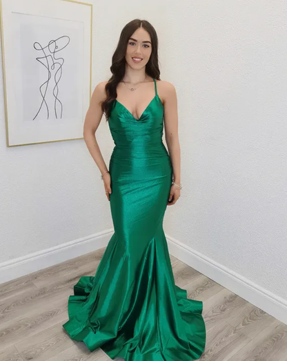 Sexy Emerald Mermaid Halter Satin Backless Prom Dress Evening Dress DP6583