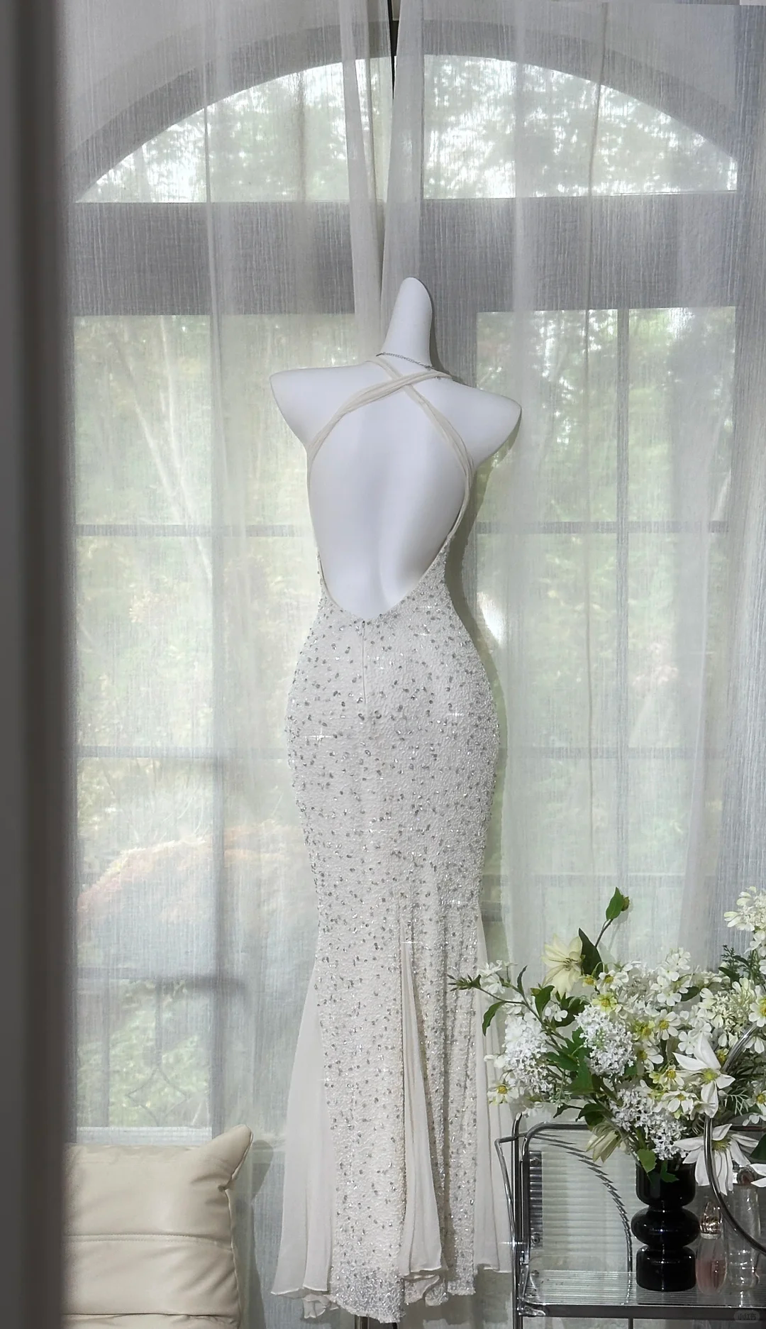 Vintage Mermaid Halter Beaded White Chiffon Prom Dress Wedding Guest Dress DP4155