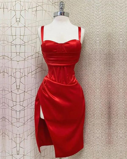 Red Sweetheart Neckline Slit Satin Homecoming Dress Midi Prom Dress DP129