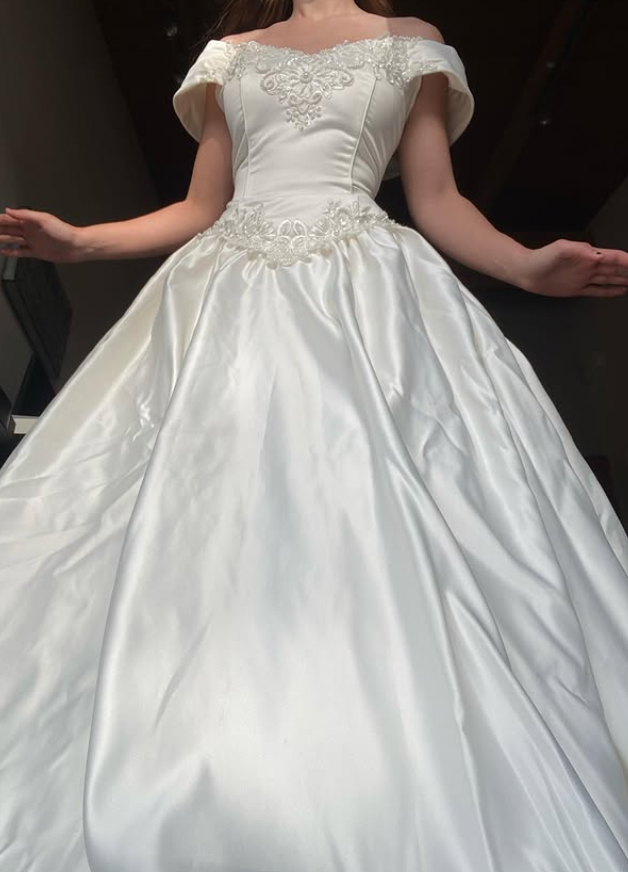 Beautiful A Line Off the Shoulder Ivory Beaded Satin Wedding Dress Prom Dress DP5539