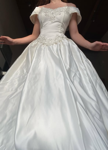 Beautiful A Line Off the Shoulder Ivory Beaded Satin Wedding Dress Prom Dress DP5539