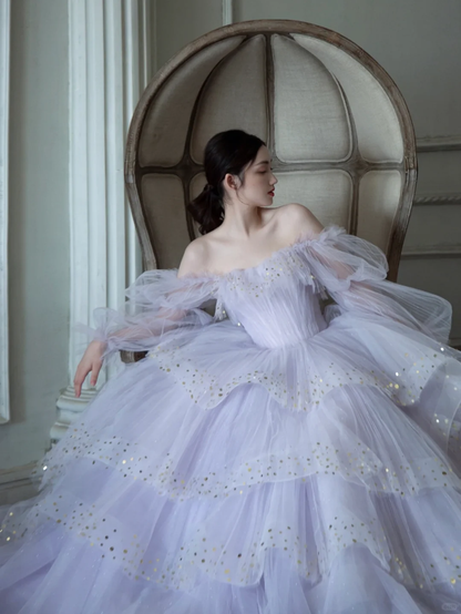 Purple A Line Long Sleeve Layered Sequin Tulle Long Party Dress Evening Dress DP2554