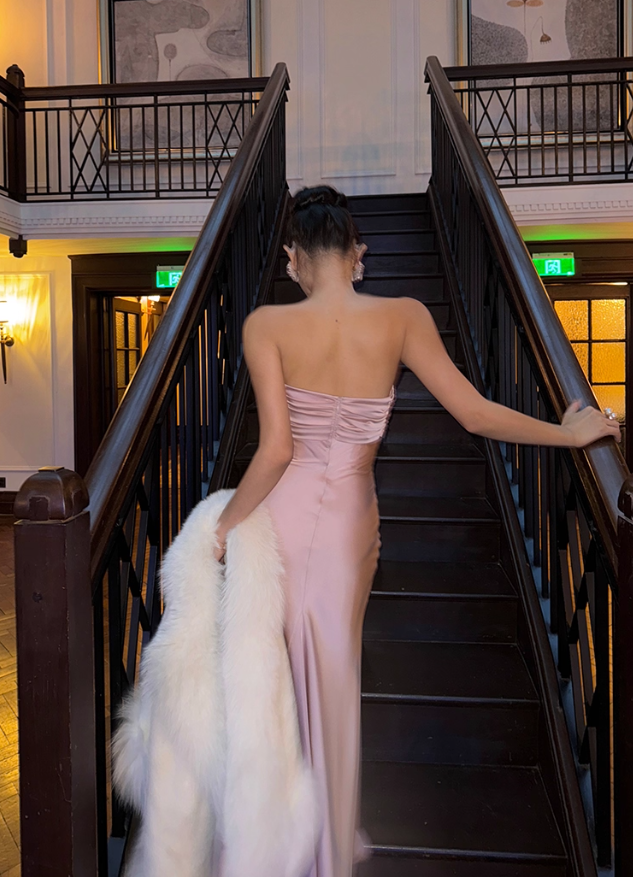 Romantic Mermaid Sweetheart Neck Pink Satin Long Prom Dress Party Dress Date Dresses DP3682