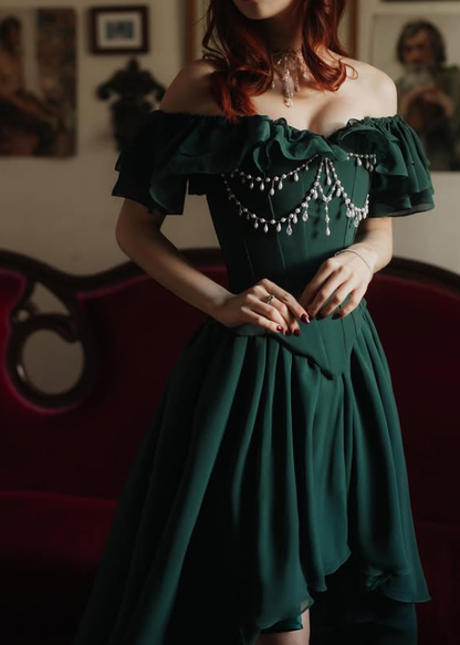 Emerald A Line Off the Shoulder Exquisite Pearl Chiffon Long Prom Dress Evening Dress DP6341