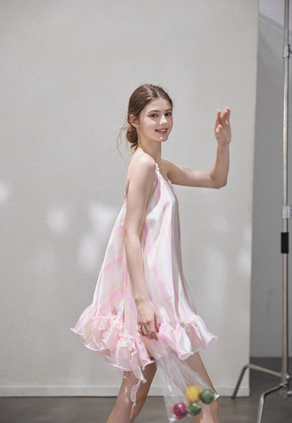 Cute Pink Stripe A Line Spaghetti Strap Satin Short Homecoming Dress Vacation Dress DP3648