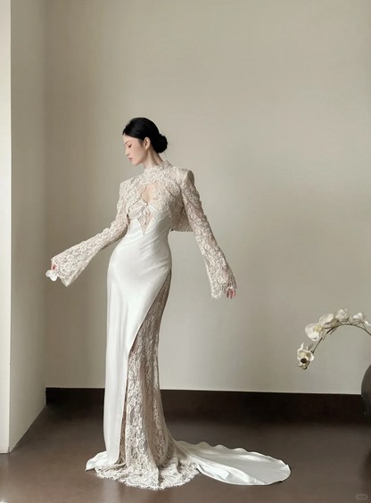 Vintage Mermaid Long Sleeve Apricot Lace Satin Prom Dress Wedding Dress DP3475