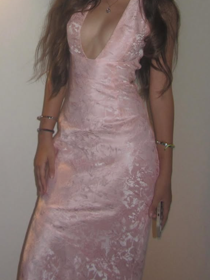 Pink Sheath Halter Print Floral Satin Open Back Prom Dress Date Dress DP3985