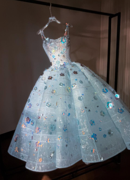 Dreamy Baby Blue Ball Gown Spaghetti Straps Exquisite Beaded Tulle Prom Dress Quinceanera Dress DP6607