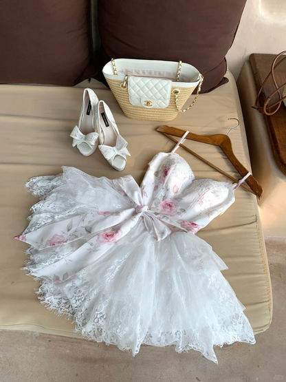 Princess A Line Straps Print Pink Floral Lace Short Prom Dress Homecoming Dress DP5464