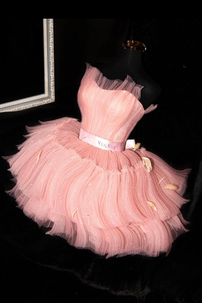 Sweety Pink A Line Strapless Tulle Short Prom Dress Homecoming Dress DP6632