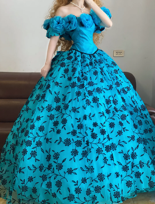 Blue Ball Gown Off the Shoulder Floral Organza Long 16th Birthday Dress Party Dress Quinceanera Dress DP4088