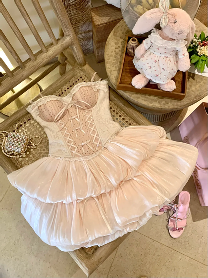 Sweety Two Piece A Line Strapless Light Pink Satin Short Prom Dress Homecoming Dress DP5458