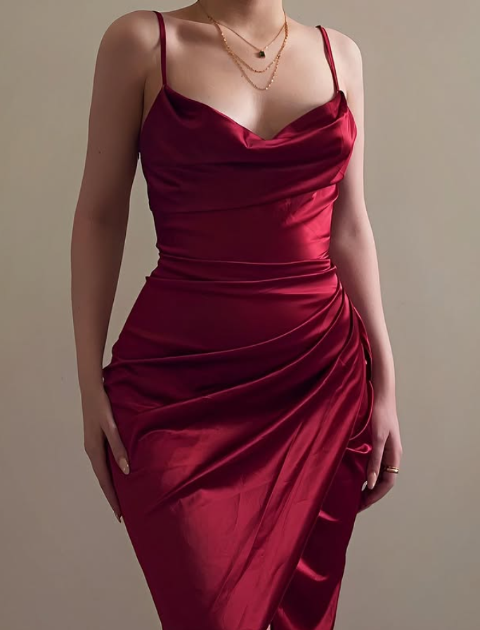 Burgundy Sheath Spaghetti Strap Pleated Satin Knee Length Homecoming Dress DP6476
