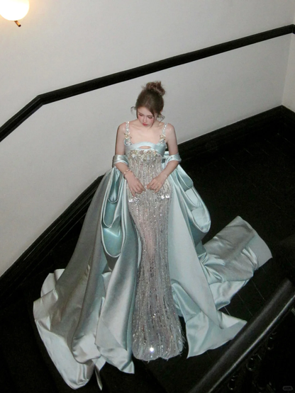 Shiny Mermaid Spaghetti Strap Blue Satin Sequin Long Sweep Party Dress Prom Dress DP2533