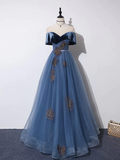 Off Shoulder Tulle Gray Blue Long Prom Dress Formal Evening Dress DP198