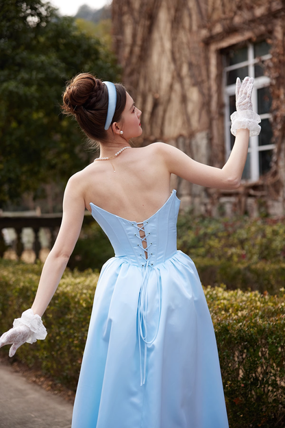 Cinderella A Line Strapless Blue Satin Prom Dress Party Dress DP2736