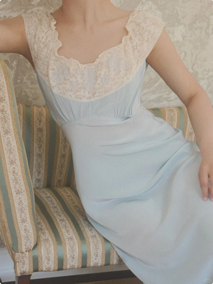 Vintage Baby Blue A Line Straps Lace Satin Long Prom Dress Evening Dress DP6460