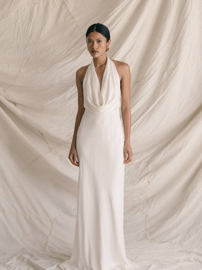 Flowy White Sheath Long Sleeve V Neck Chiffon Wedding Dress Prom Dress DP3659