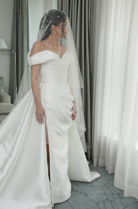 Elegant Mermaid Off the Shoulder Satin Long Sweep Wedding Dress DP1870