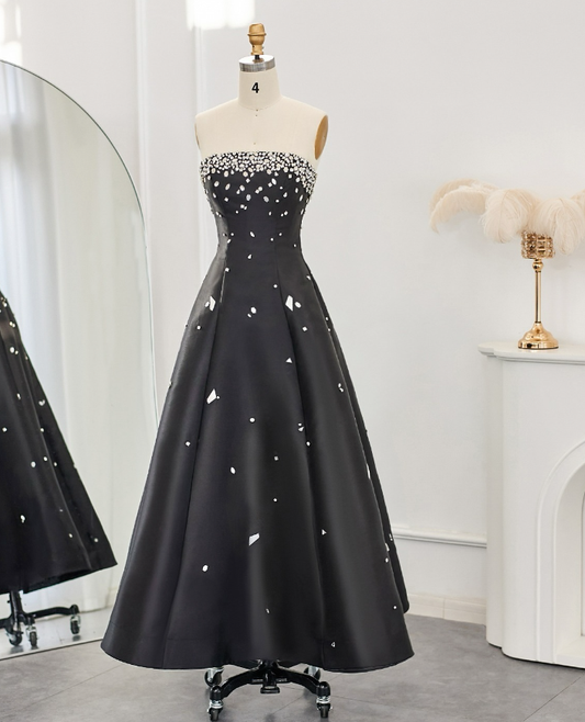 Charming A Line Strapless Black Satin Long Prom Dress Evening Dress DP1477