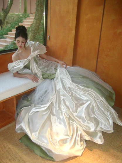 Dreamy Mermaid Off the Shoulder Beaded Green White Satin Prom Dress 18th Birthday Dress DP4461