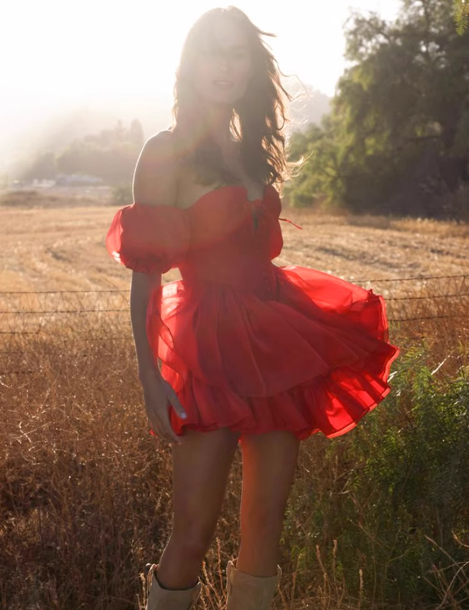 Charming Red A Line Puff Layered Chiffon Short Homecoming Dress Vacation Dress DP3645