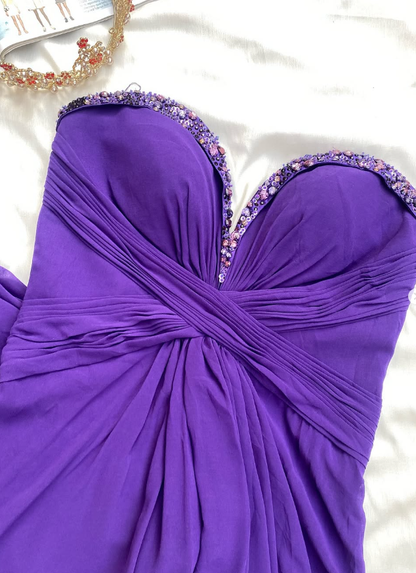 Purple A Line Sweetheart Neck Chiffon Long Prom Dress Evening Dress with Beads DP1379