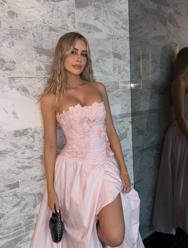 Light Pink A Line Strapless Appliques Satin Long Prom Dress Evening Dress DP1466