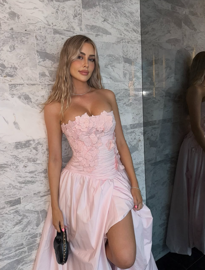 Light Pink A Line Strapless Appliques Satin Long Prom Dress Evening Dress DP1466