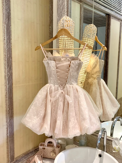 Light Pink A Line Floral Lace Tulle Short Prom Dress Homecoming Dress DP5469