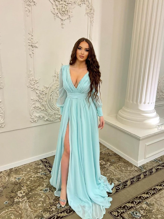Gentle Blue A Line Long Sleeve Chiffon Vacation Dress Party Dress Outfits with Slit DP3380