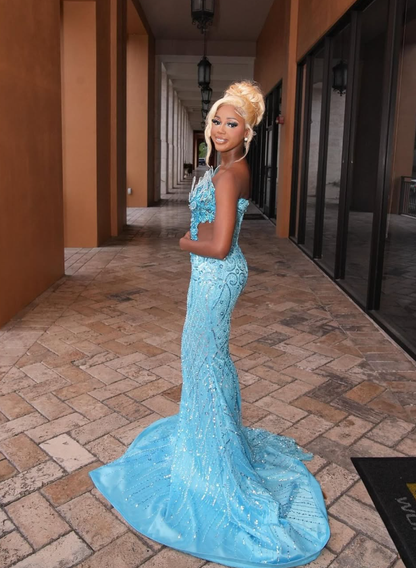 Chic Mermaid Strapless Shiny Beaded Sequin Tulle Long Sweep Prom Dress DP5053