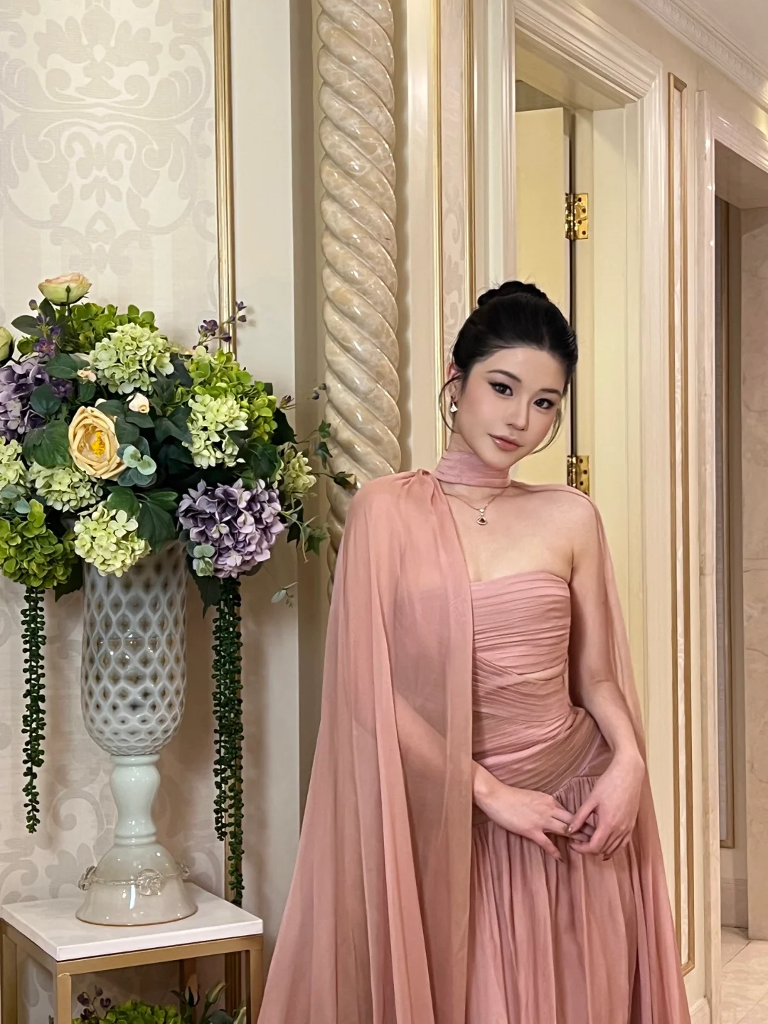 Elegant Pink A Line Strapless Pleated Chiffon Long Prom Dress Party Dress DP4467