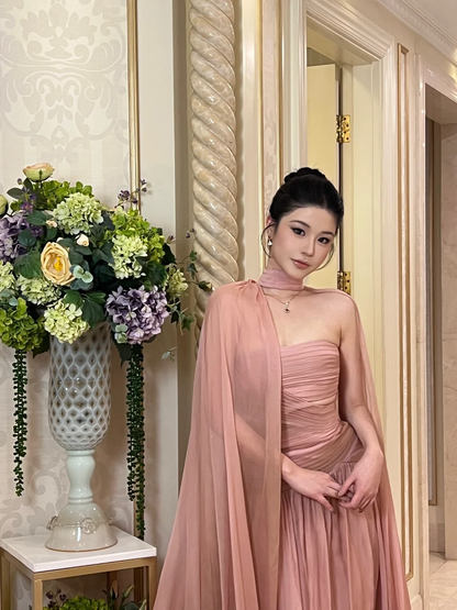 Elegant Pink A Line Strapless Pleated Chiffon Long Prom Dress Party Dress DP4467