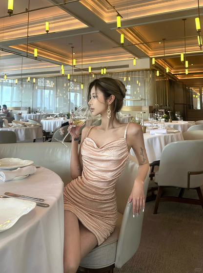 Sexy Pink Cute Sheath Spaghetti Straps Beaded Satin Short Homecoming Dress Outfits DP4548