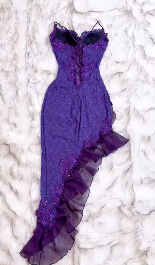 Dark Purple Vintage Sheath Appliques Ruffle Chiffon Lace Prom Dress DP5157