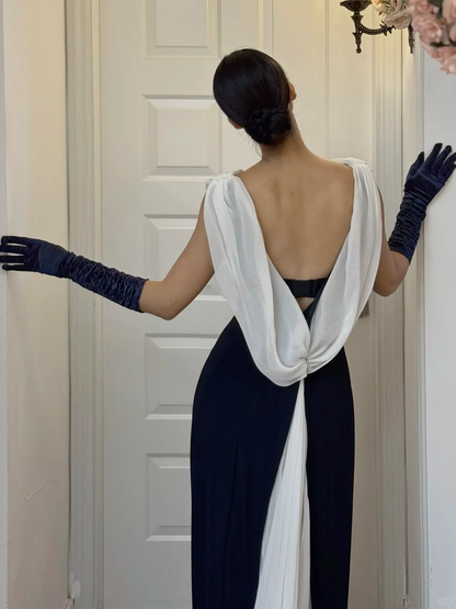 Retro Sheath Backless White Chiffon Black Satin Long Prom Dress Evening Dress DP6799