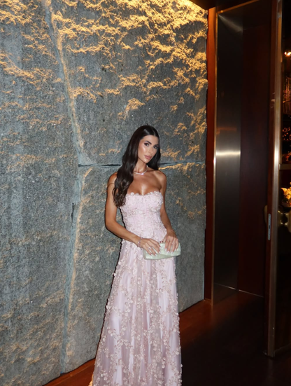 Light Pink A Line Strapless 3D Floral Tulle Long Prom Dress Evening Dress DP6222