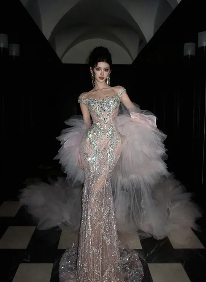 Shiny Mermaid Exquisite Beaded Sequin Tulle Long Sweep Prom Dress DP5037
