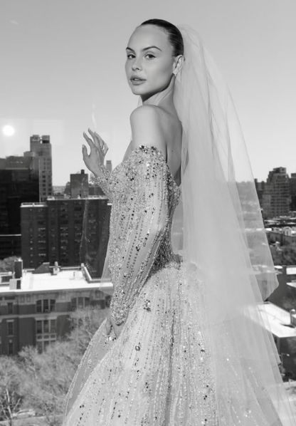 Glamorous Ball Gown Long Sleeve Sequin Apricot Organza Long Train Wedding Dress DP5822
