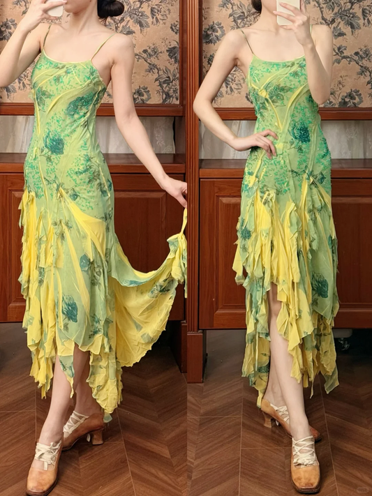 Vintage Summer Yellow- Green Ombre Beaded Ruffle Chiffon Prom Dress Evening Dress DP5414