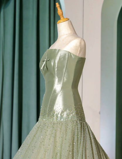 Sage Green Off the Shoulder Beaded Satin Tulle Prom Dress DP4919