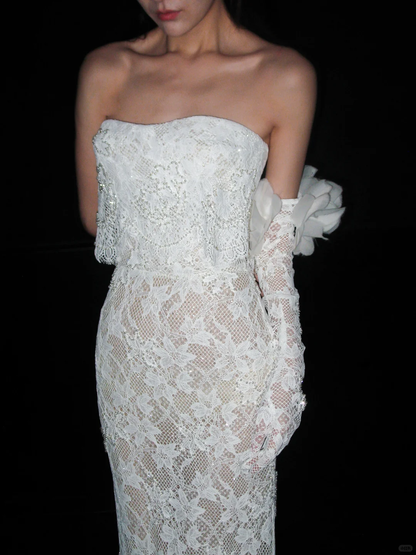 Chic Mermaid Sweetheart Neck White Lace Ruffle Satin Long Wedding Dress DP8121