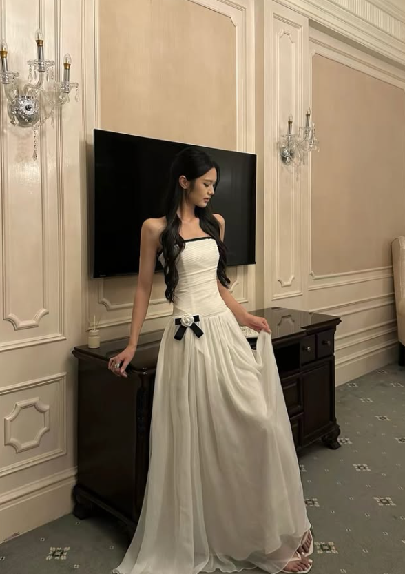 New A Line Spaghetti Strap White Tulle Long Prom Dress Evening Dress DP7920