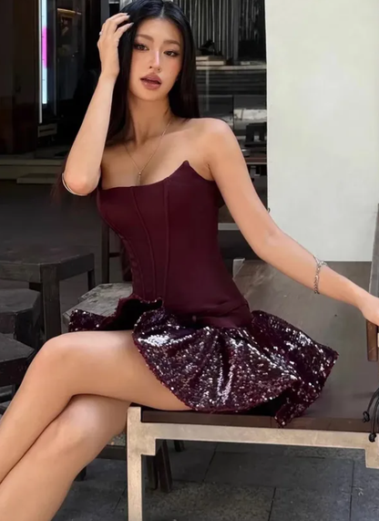 Sexy A Line Strapless Sequin Satin Short Homecoming Outfits DP4254