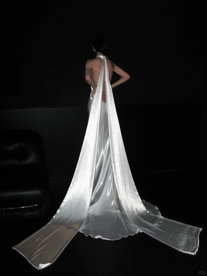 Classic Simple Mermaid Halter White Satin Wedding Dress DP5175