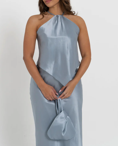 Chambray Blue Elegant A Line Halter Satin Backless Bridesmaid Dress DP4973