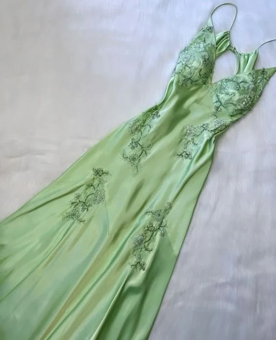 Spaghetti Straps Mint Green Long Lace Beaded Prom Dress Evening Party Dress DP018