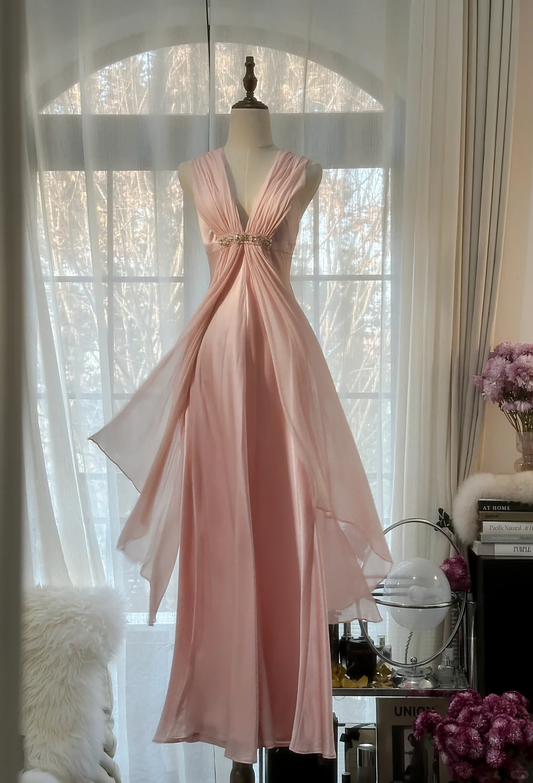 Classy A Line V Neck Beaded Pink Chiffon Satin Long Party Dress Evening Dress DP2471