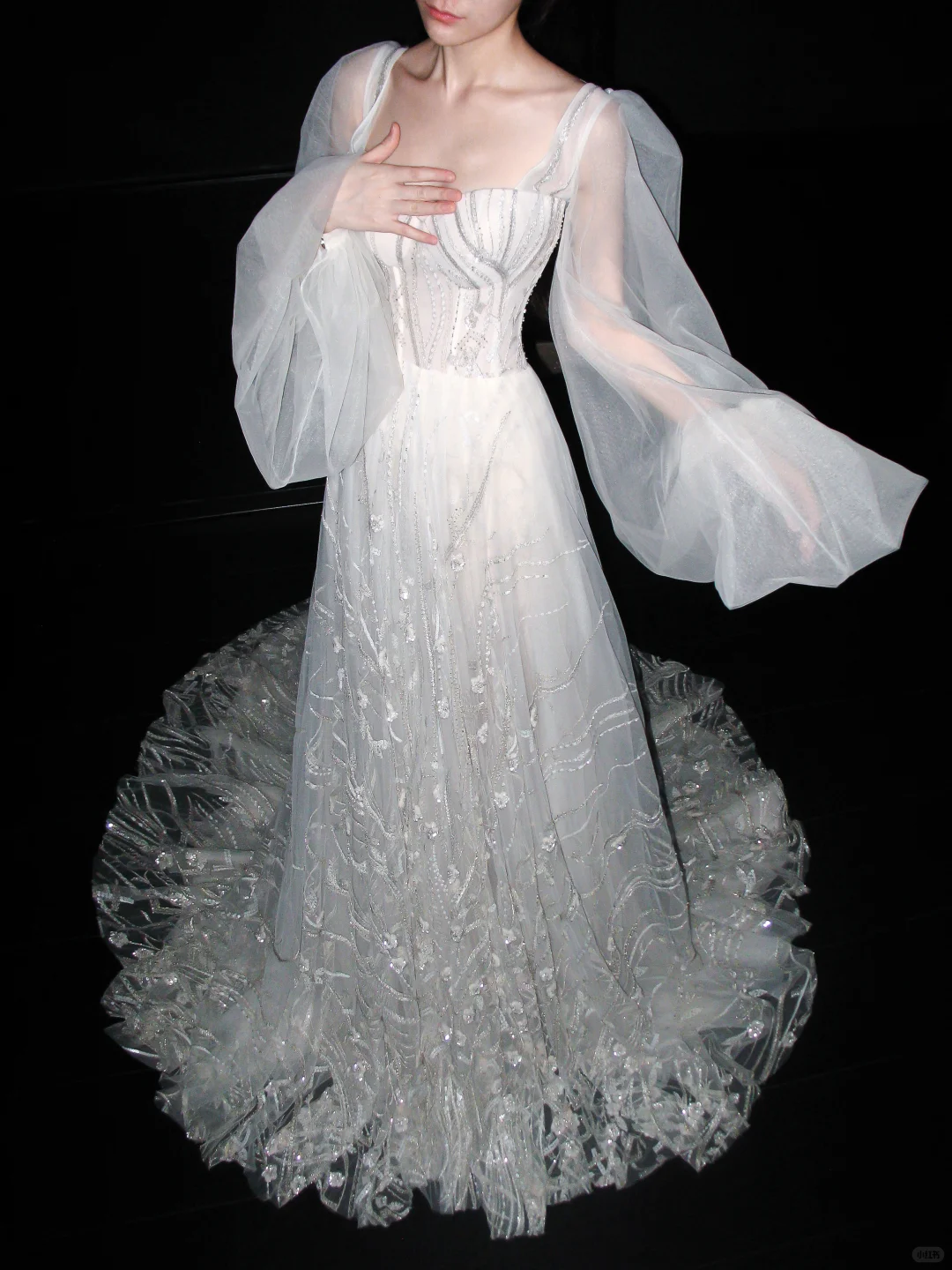 Dreamy Ball Gown Long Sleeve Sequin White Tulle Long Wedding Dress DP6369